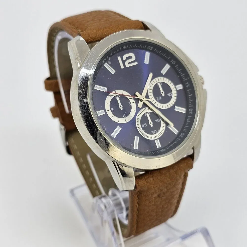 Men's Watch 47MM‎ Blue Dial Brown Faux Leather Bands New Battery